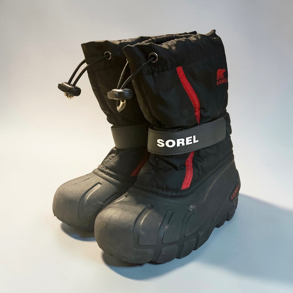 Sorel Flurry Kids Winter Snow Boots Black Red Waterproof Size 11 NC5192-015